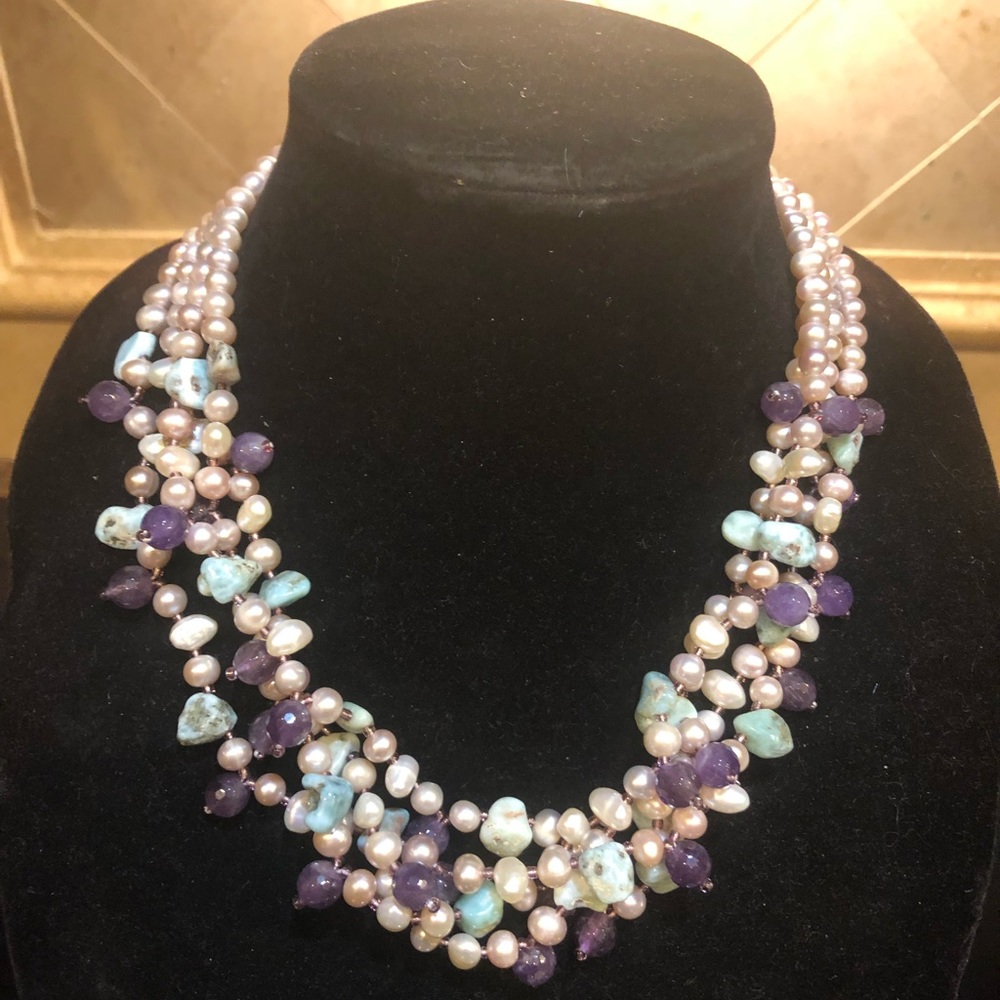 Larimar, Pearl, & Amethyst 4 Strand Necklace